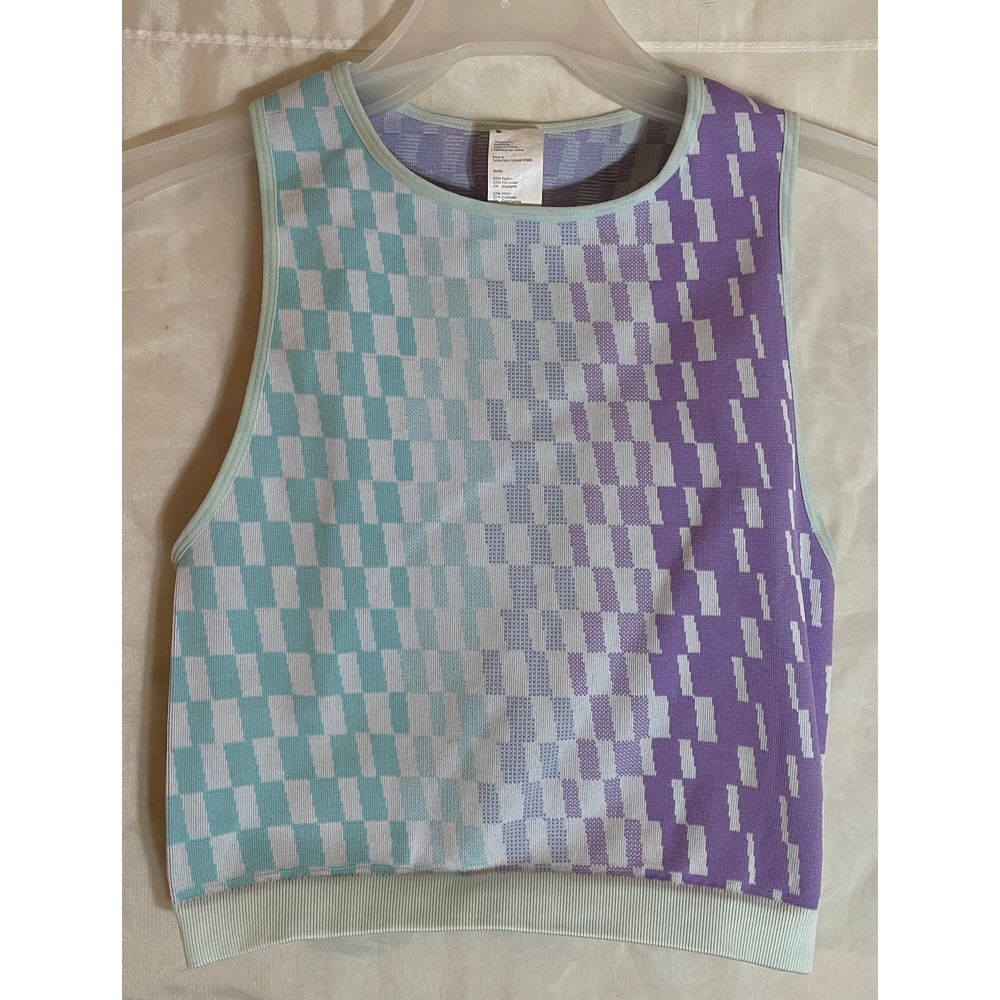Fabletics Checkered Crop Tank Top Sleeveless Purple Turquoise Ombre Pattern